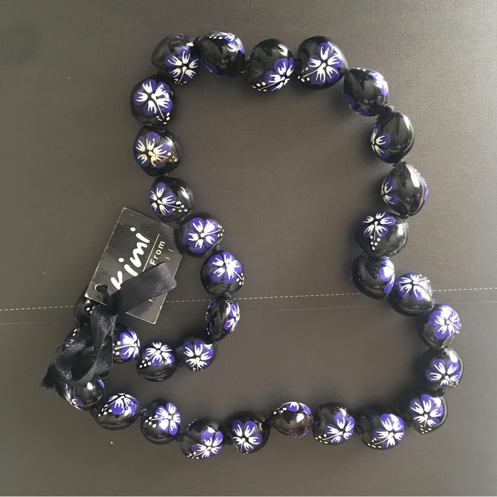Kukui Nut Lei Hibiscus Purple Flower Necklace Hawaiian Wedding Luau Celebration